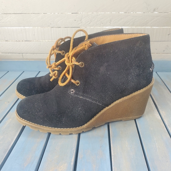 SPERRY TOPSIDER HARLOW WEDGE HEEL BOOT BLACK SUEDE LEATHER SIZE 7 EUC - Picture 5 of 9